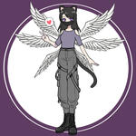Full-body anime character with dark hair, cat ears, a face mask, and six white seraphim wings. She holds up a peace sign beside a floating heart bubble, dressed in street style tactical clothing against a circular purple background.