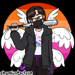 A drawn image from picrew.me of a woman with black pants with purple stitching, with a white shirt with an image of a plush-style bear or bunny, with some Japanese showing from the opening in the black hoodie the character is wearing. They have a bat being